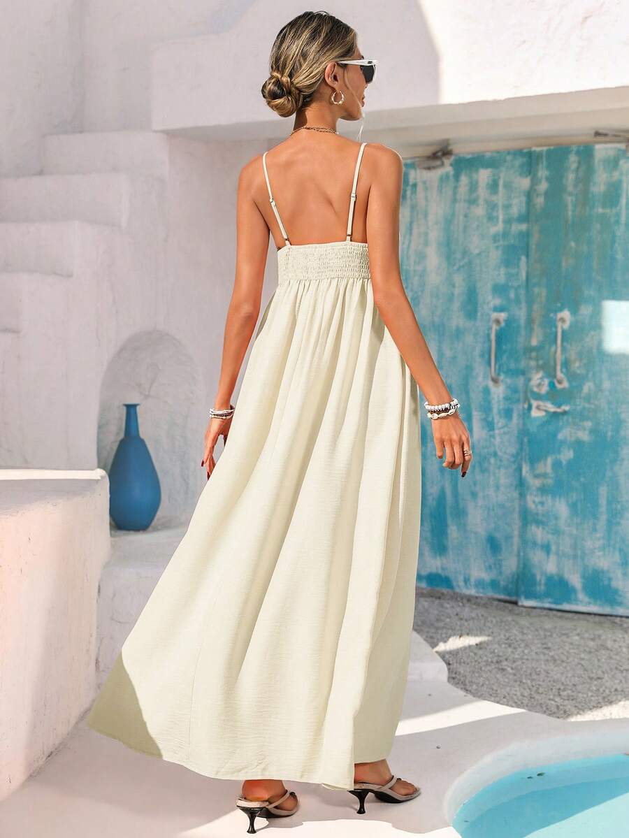 Back view cream maxi sundress with adjustable straps and smocked back