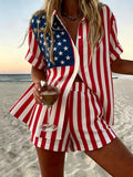 Front duplicate view of American flag print short sleeve shirt and shorts two piece outfit