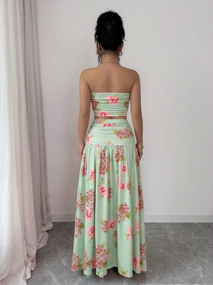 Front view of floral strapless crop top and maxi skirt set showing visible color, print, and silhouette