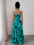Styled view of floral strapless crop top and maxi skirt set showing visible color, print, and silhouette