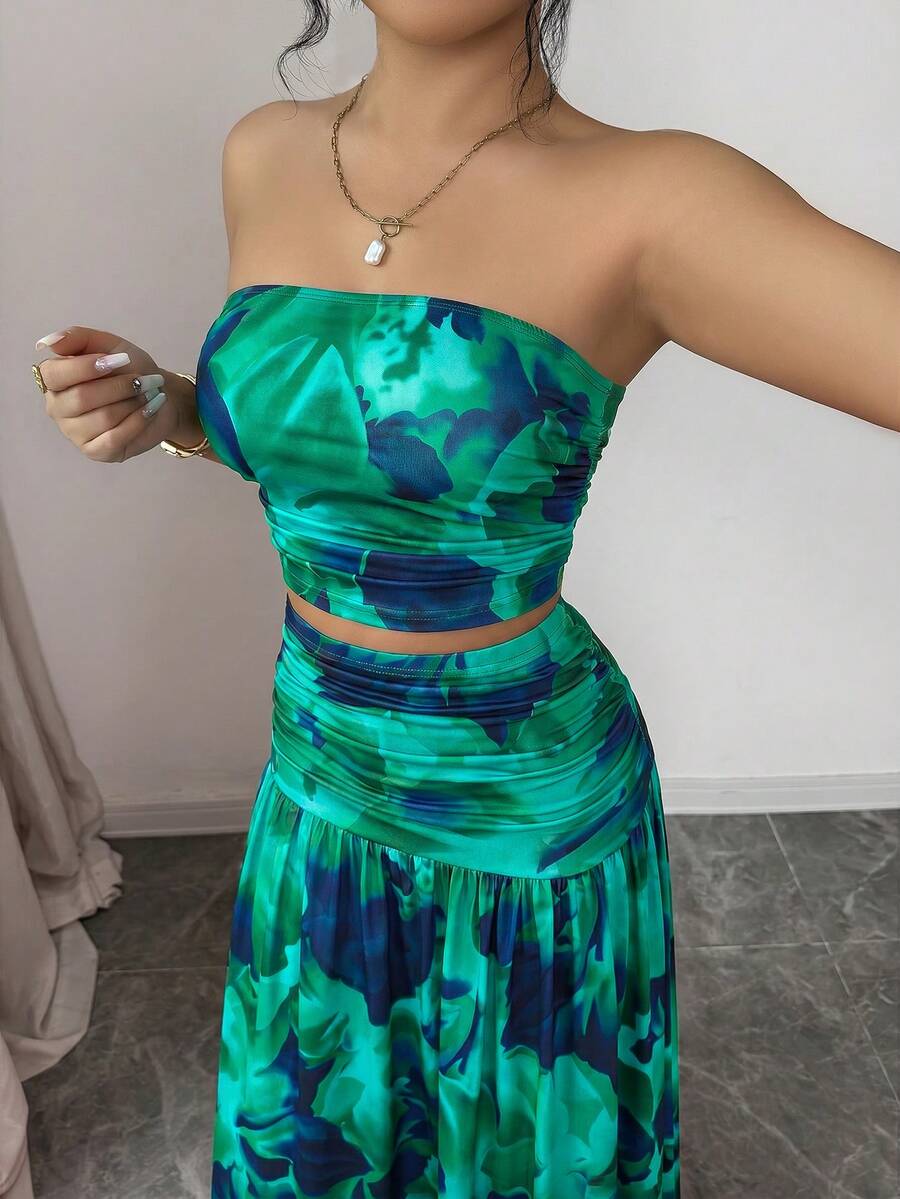 Styled view of floral strapless crop top and maxi skirt set showing visible color, print, and silhouette