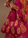 Magenta paisley satin hobo shoulder bag with wide loop strap