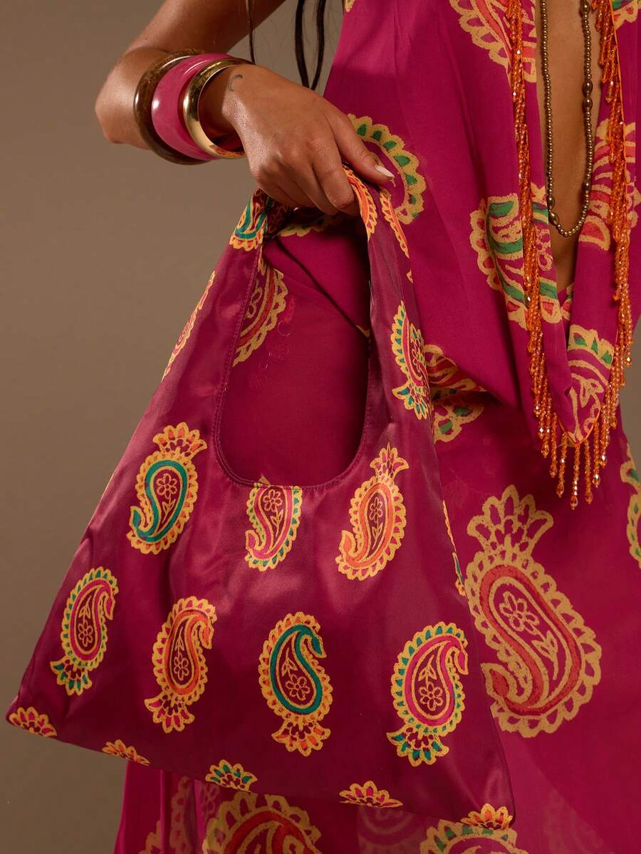 Magenta paisley satin hobo shoulder bag with wide loop strap