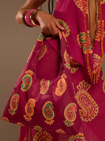 Magenta paisley satin hobo shoulder bag with wide loop strap