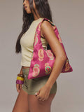 Brown cream polka dot satin shoulder bag with soft triangular body