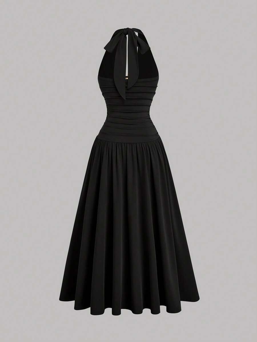 plus size halter maxi dress with deep V neckline, back neck tie bow, open shoulders, ruched waist panel, gold starfish charm, gathered A-line maxi skirt and solid or printed vacation colorways image 8