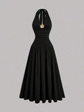 plus size halter maxi dress with deep V neckline, back neck tie bow, open shoulders, ruched waist panel, gold starfish charm, gathered A-line maxi skirt and solid or printed vacation colorways image 9