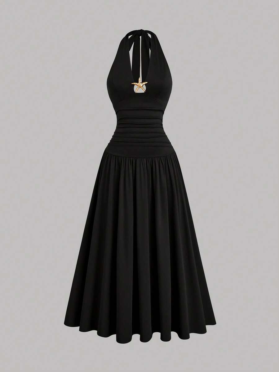 plus size halter maxi dress with deep V neckline, back neck tie bow, open shoulders, ruched waist panel, gold starfish charm, gathered A-line maxi skirt and solid or printed vacation colorways image 9
