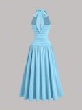 plus size halter maxi dress with deep V neckline, back neck tie bow, open shoulders, ruched waist panel, gold starfish charm, gathered A-line maxi skirt and solid or printed vacation colorways image 2
