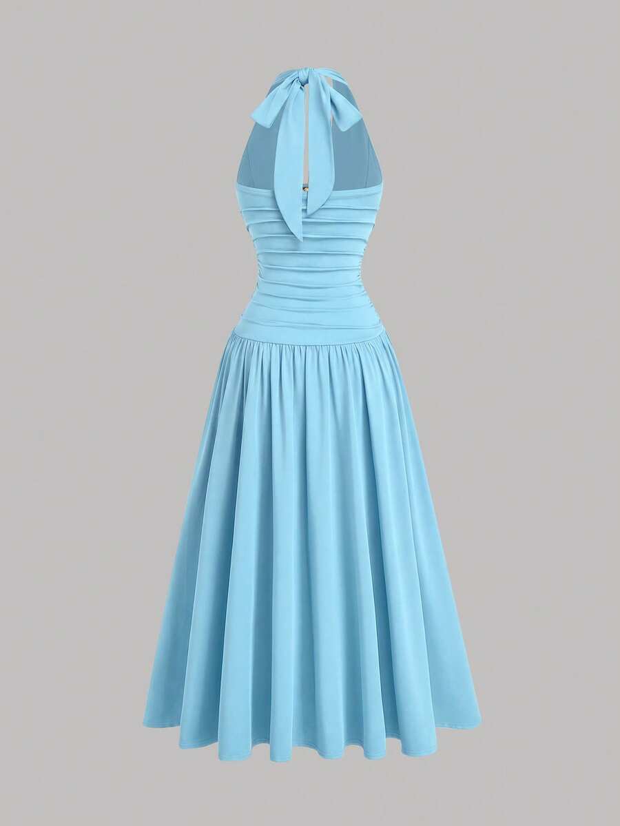 plus size halter maxi dress with deep V neckline, back neck tie bow, open shoulders, ruched waist panel, gold starfish charm, gathered A-line maxi skirt and solid or printed vacation colorways image 2
