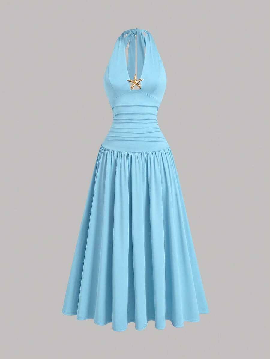 plus size halter maxi dress with deep V neckline, back neck tie bow, open shoulders, ruched waist panel, gold starfish charm, gathered A-line maxi skirt and solid or printed vacation colorways image 3
