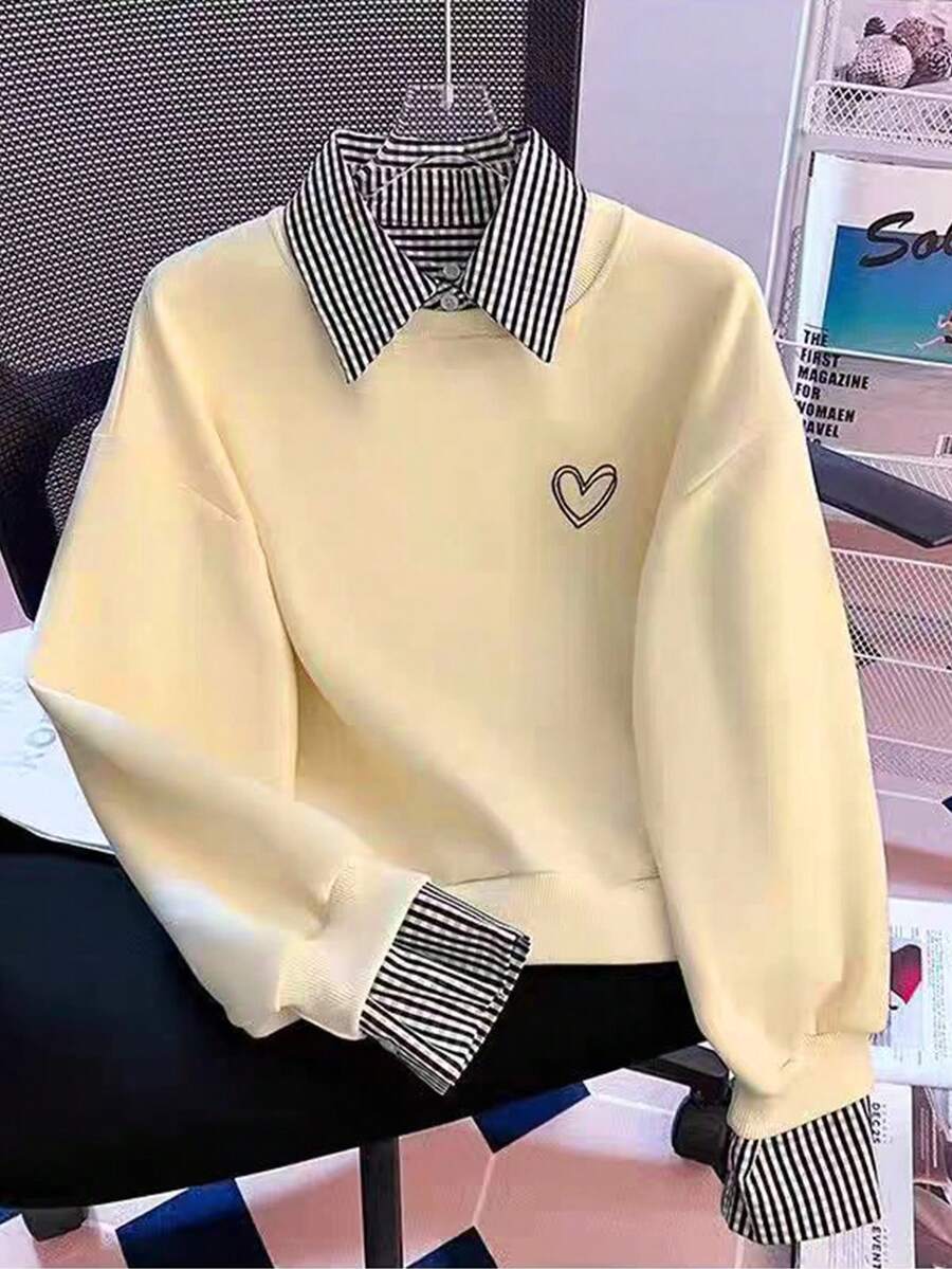 Front view of Chic Striped Patchwork Sweatshirt with Heart Print and Collar for Women in Apricot color