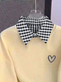 Back view of Chic Striped Patchwork Sweatshirt with Heart Print and Collar for Women loose drop shoulder fit
