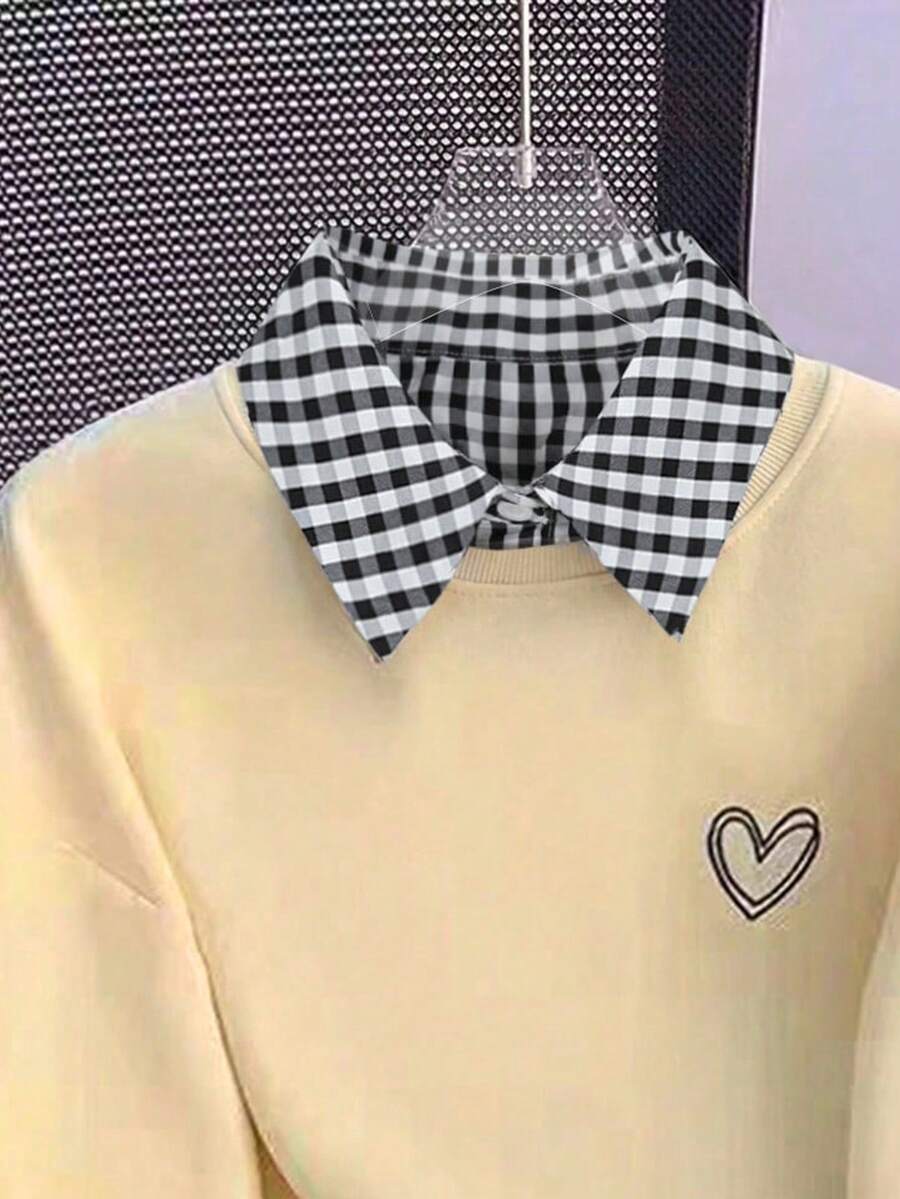 Back view of Chic Striped Patchwork Sweatshirt with Heart Print and Collar for Women loose drop shoulder fit