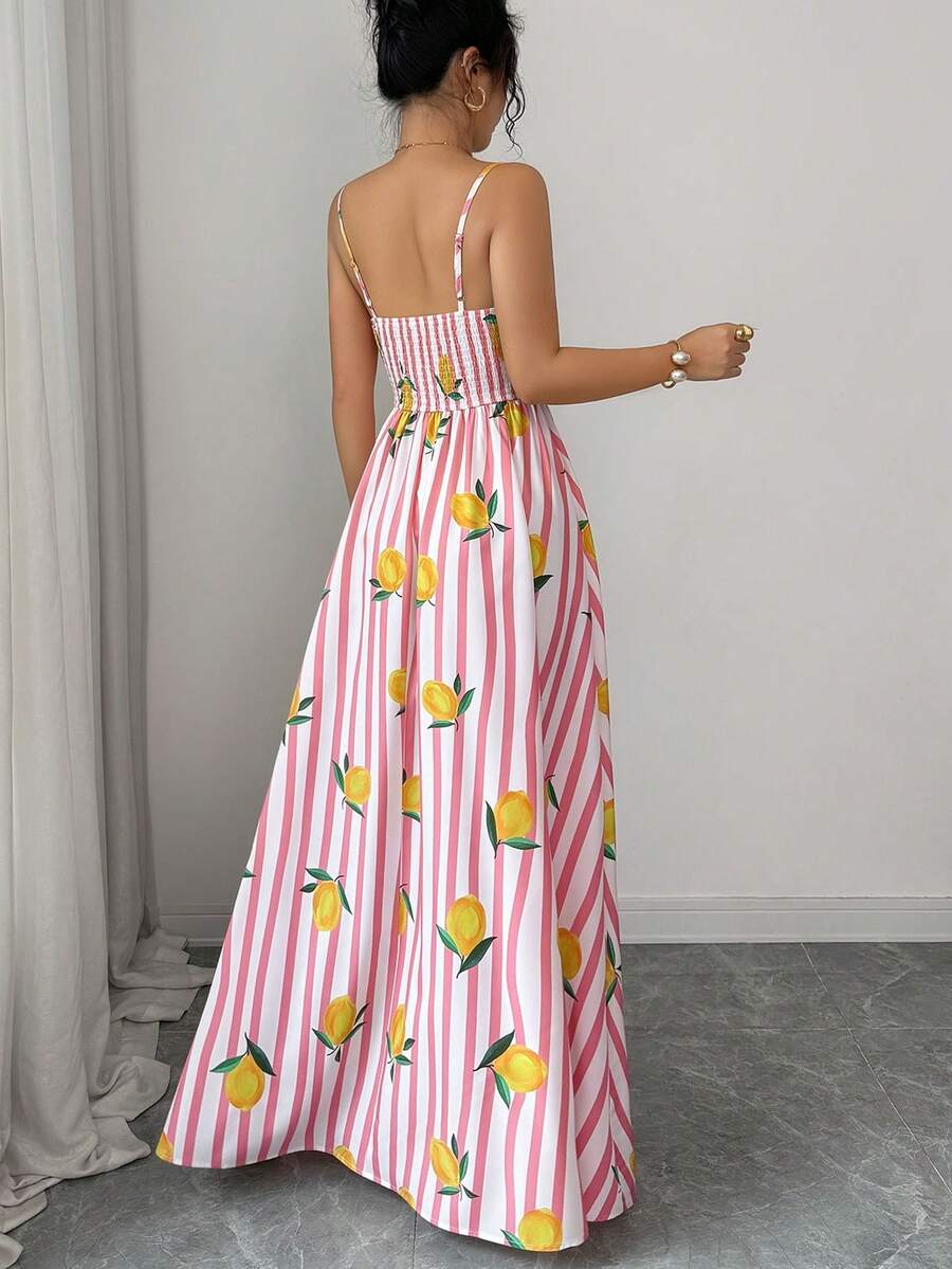 Front view of lemon print maxi dress for casual vacation styling