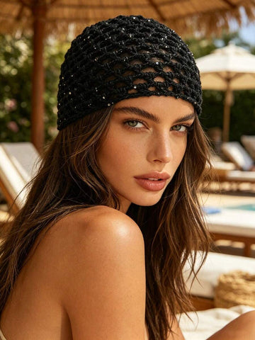 Black loose net crochet skullcap with subtle sparkle beads