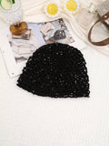 Boho crochet mesh beanie hat shown on model with airy net texture