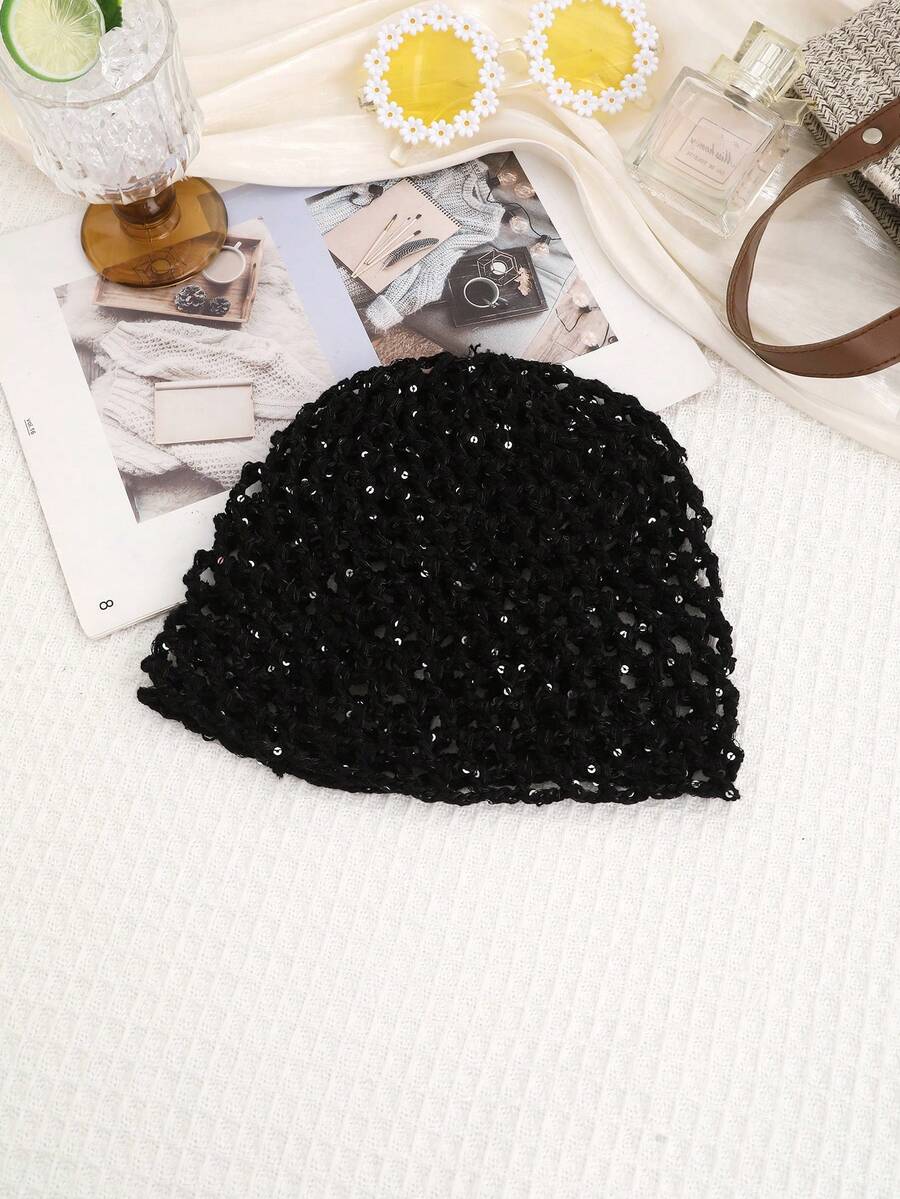 Boho crochet mesh beanie hat shown on model with airy net texture