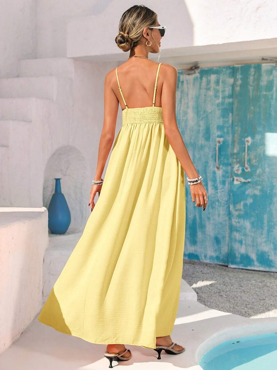 Back view pale yellow maxi sundress with smocked back