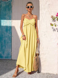 Pale yellow spaghetti-strap ruffle bust maxi sundress front view