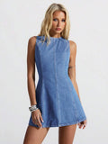 Front studio view of medium-wash sleeveless denim mini dress with fitted waist and flared skirt