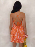 open back sequin cami mini dress with scoop neckline, spaghetti straps, crisscross tie back, fitted bodice, slight A-line mini skirt, iridescent sequin variants and orange floral print variant image 21