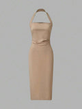Back view beige halter midi dress