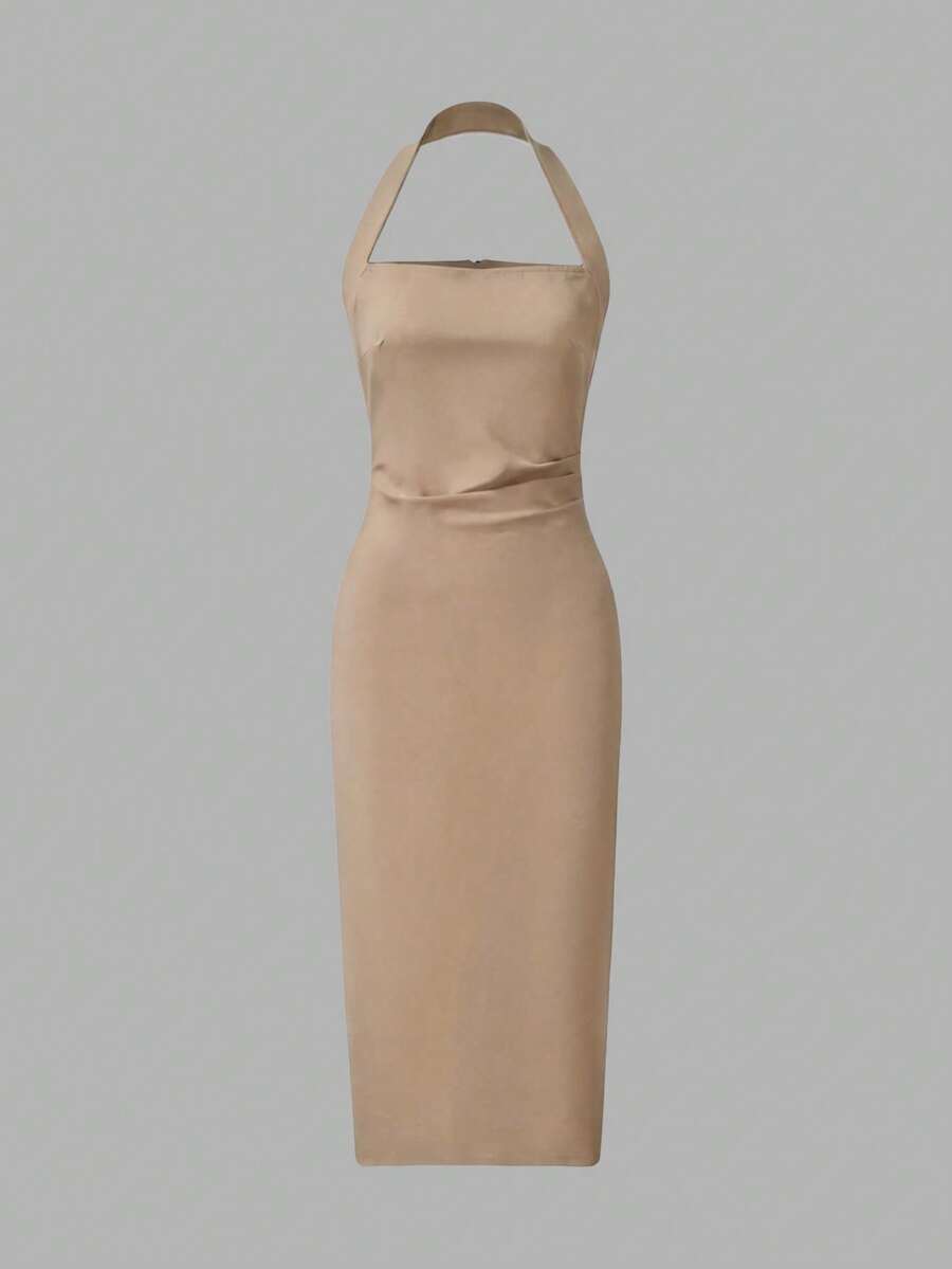 Back view beige halter midi dress