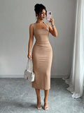 Beige halter bodycon midi dress front view