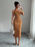 Camel halter bodycon midi dress front view