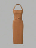 Back view camel halter midi dress