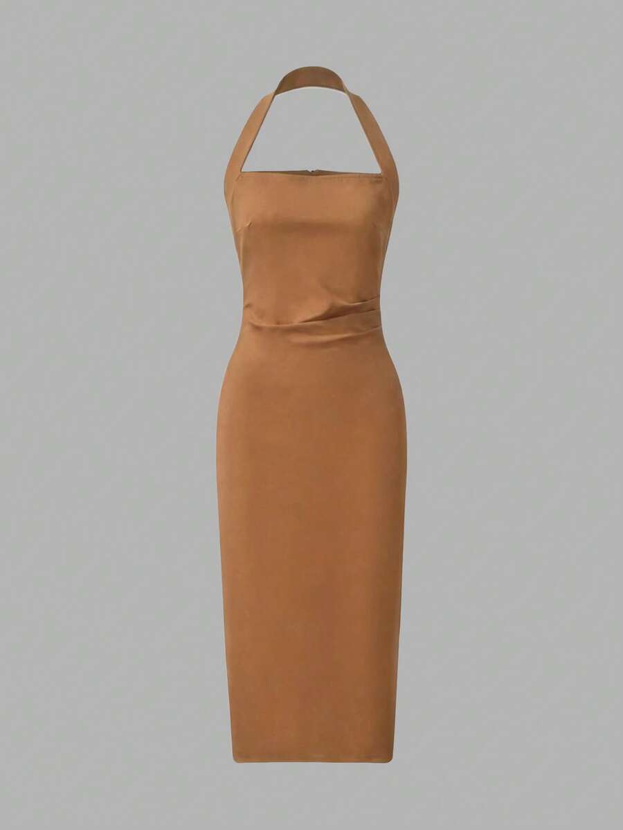 Back view camel halter midi dress
