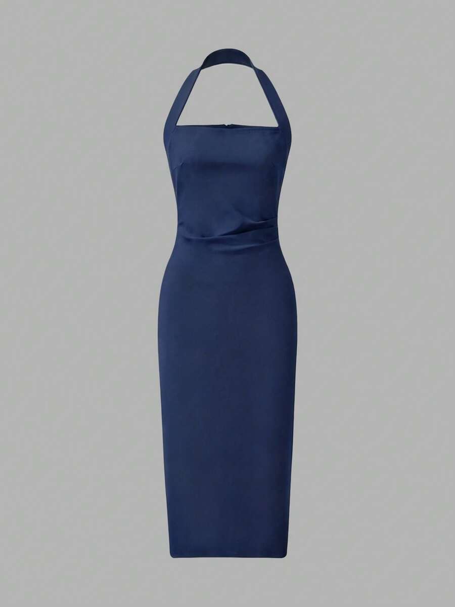 Back view navy halter midi dress