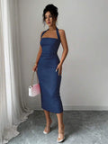 Navy halter bodycon midi dress front view