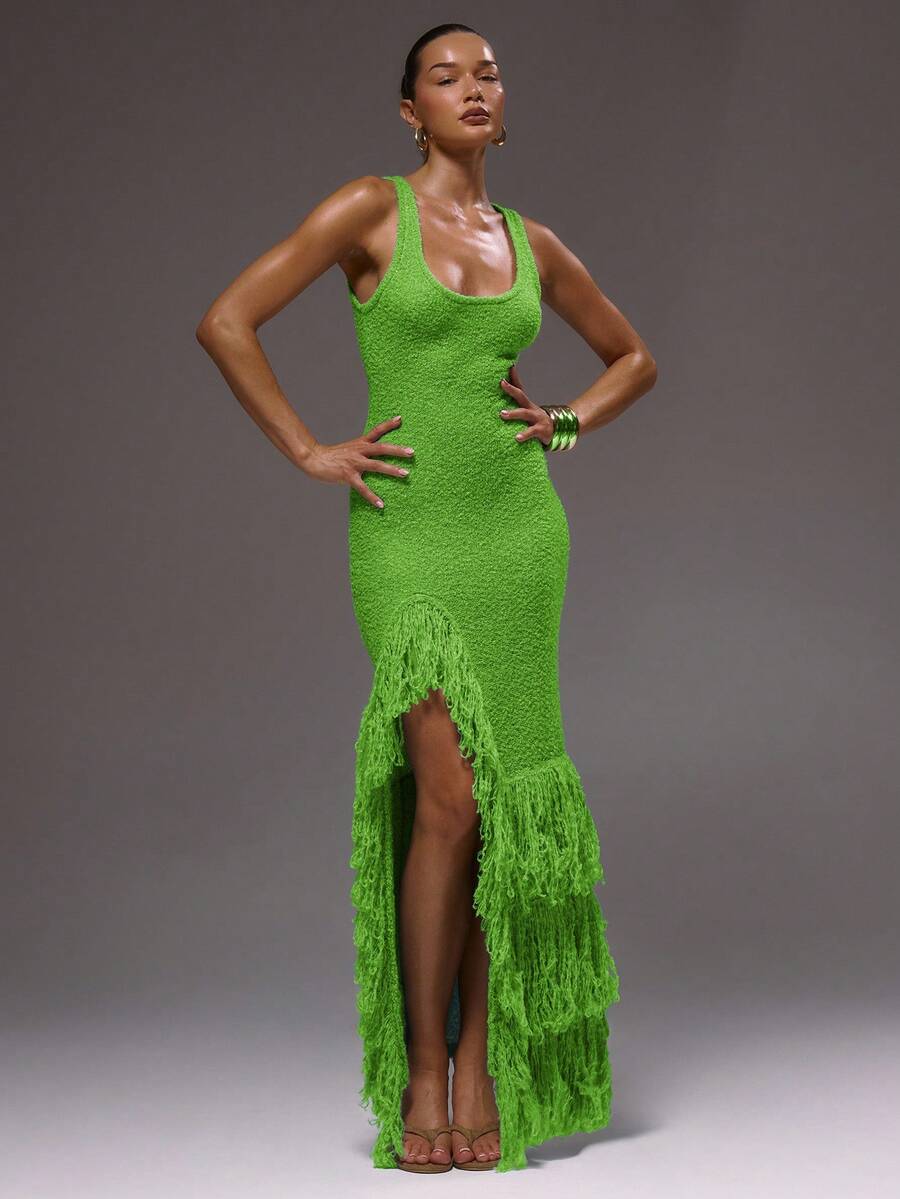 Fabric detail of Elegant Scoop Neck Fringe Maxi Dress for Ultimate Summer and Holiday Style for women dress styling