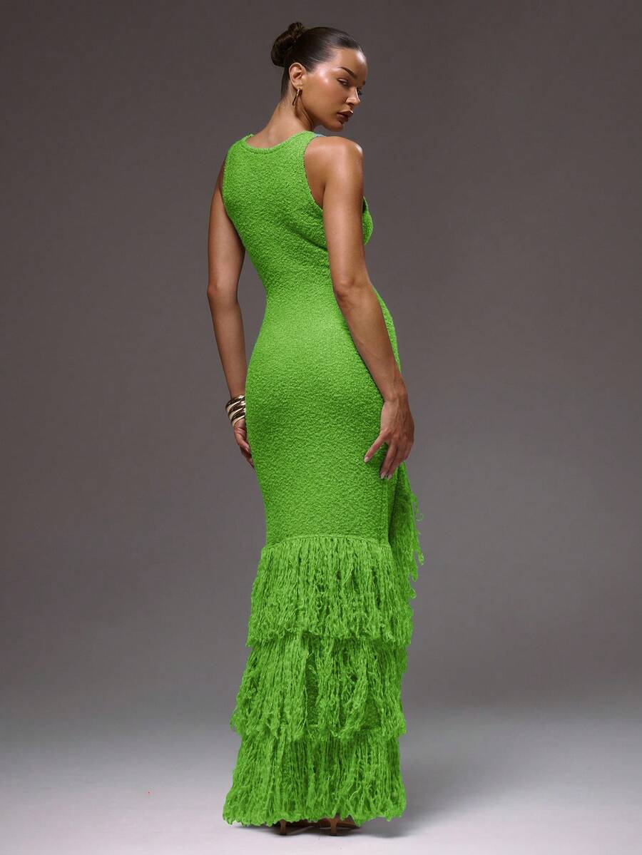 Side view of Elegant Scoop Neck Fringe Maxi Dress for Ultimate Summer and Holiday Style for women dress styling