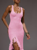 Fabric detail of Elegant Scoop Neck Fringe Maxi Dress for Ultimate Summer and Holiday Style for women dress styling