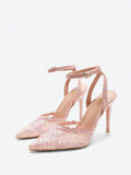 4 media show blush pink satin lace embroidered pointed toe stiletto slingback pumps with ankle buckle strap, scalloped ruffle trim, floral lace vamp, high slim heel. image 4