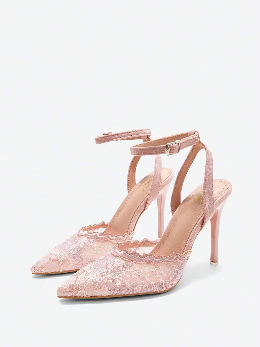 4 media show blush pink satin lace embroidered pointed toe stiletto slingback pumps with ankle buckle strap, scalloped ruffle trim, floral lace vamp, high slim heel. image 4