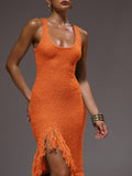 Side view of Elegant Scoop Neck Fringe Maxi Dress for Ultimate Summer and Holiday Style for women dress styling