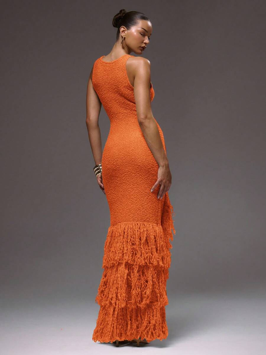 Back view of Elegant Scoop Neck Fringe Maxi Dress for Ultimate Summer and Holiday Style for women dress styling