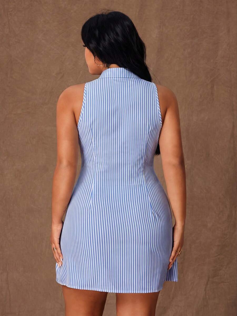 Back view of blue white striped mini shirt dress with collared neckline