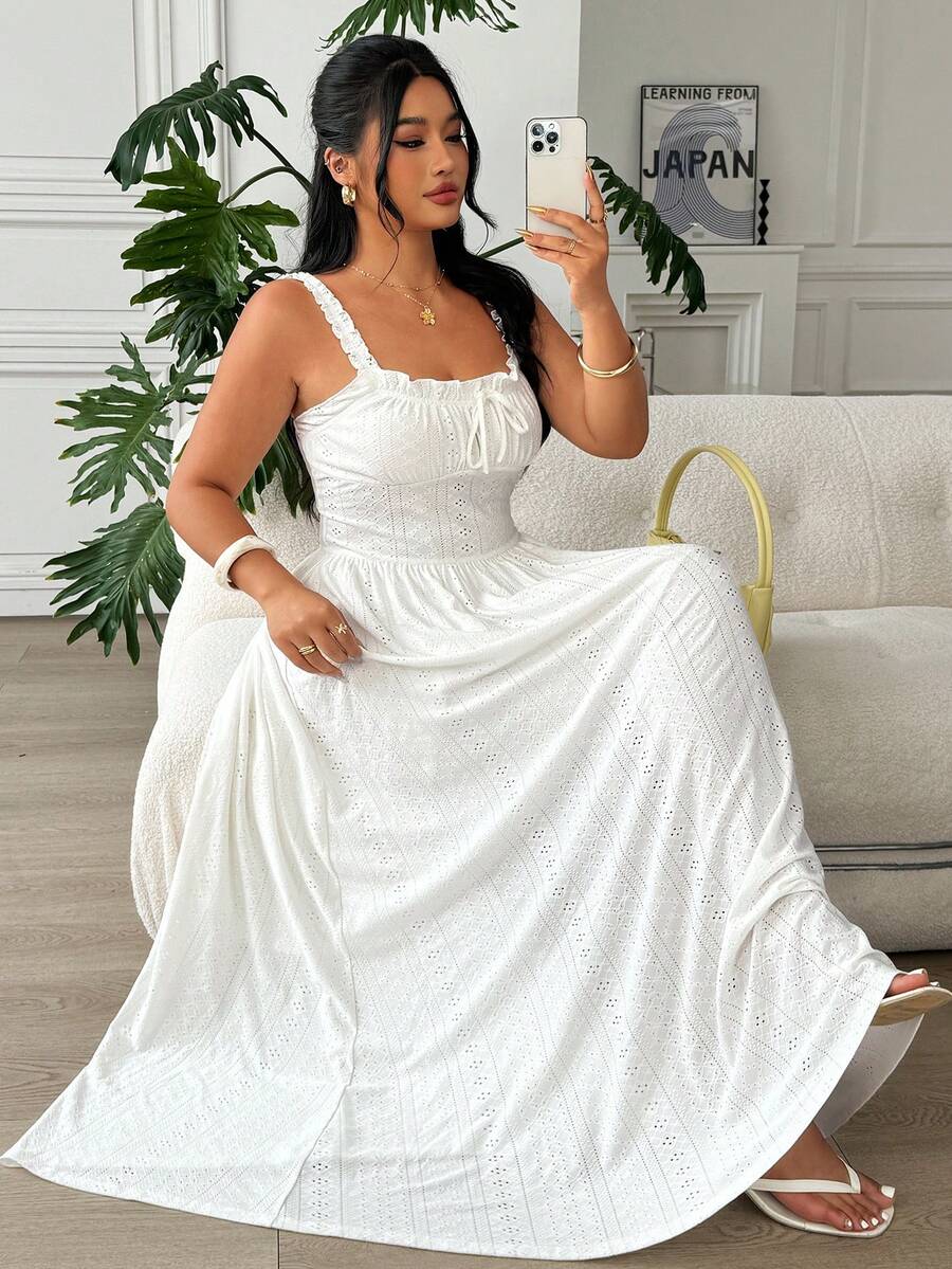 Image 1 - front view of Plus Size Women's Summer Casual Dress with Cinched Waist and Bow Detail - Minimalist Vacation Style