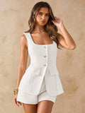 Front view of Chic Spring Summer Two-Piece Set: White Blazer Vest & Mini Skirt for Beach Vacations and Weddings for elegant two piece outfit styling