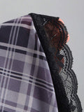 Close-up of plaid mesh and black lace patchwork detail