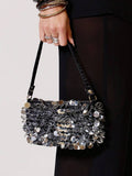 Small black shoulder bag with silver dangling sequin front