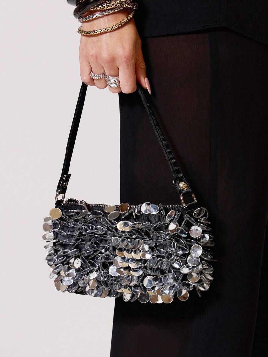 Small black shoulder bag with silver dangling sequin front