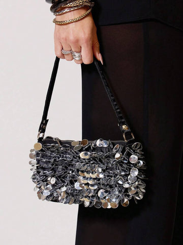 Small black shoulder bag with silver dangling sequin front