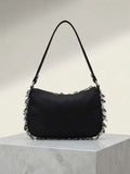 Back view of black sequin shoulder bag showing plain black panel