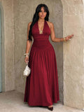 plus size halter maxi dress with deep V neckline, back neck tie bow, open shoulders, ruched waist panel, gold starfish charm, gathered A-line maxi skirt and solid or printed vacation colorways image 13